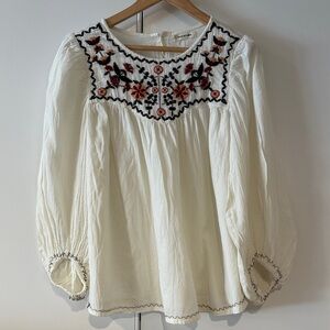 Max Studio White Peasant Blouse with Multicolor Floral Embroidery